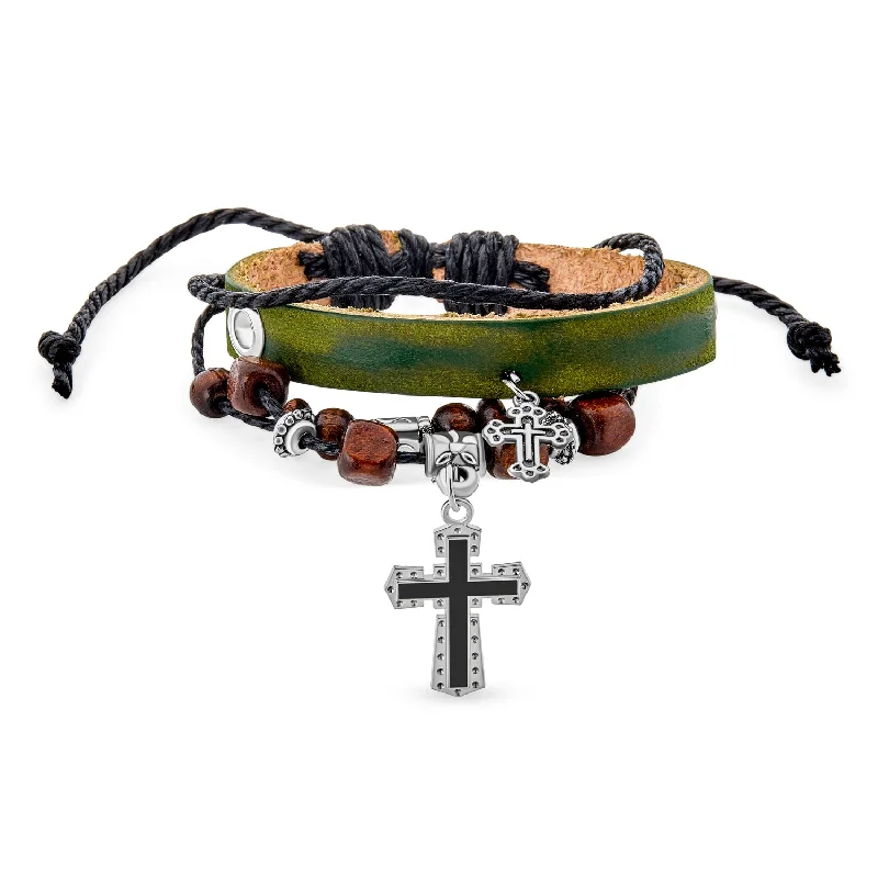 Multi-Strand Bracelets-Unisex Boho Wrap Bracelet with Leather Wood Beads & Cross Charm for Men