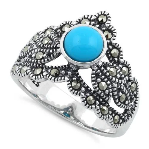 Statement Wedding Rings-Sterling Silver Round Simulated Turquoise Tiara Marcasite Ring