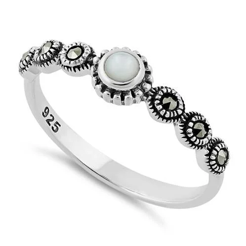 Eternity Wedding Rings-Sterling Silver Small Round Mother of Pearl Marcasite Ring