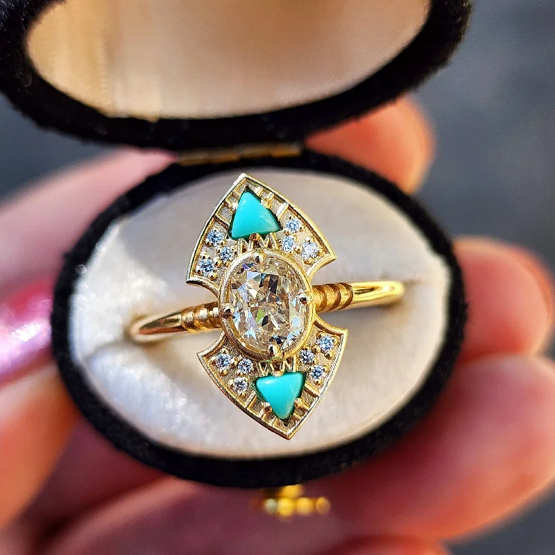 Custom Wedding Bands-Ready to Ship Size 6 - 8 Art Deco Natural Oval Light Yellow Diamond Engagement Ring with Arizona Turquoise Trillions - 14k Yellow Gold