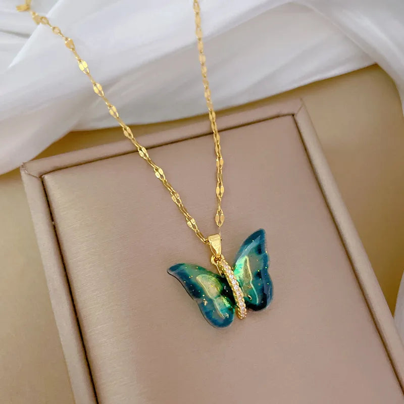 Mixed Metal Necklaces-Titanium Steel Copper Gold Plated Inlay Butterfly Zircon Pendant Necklace