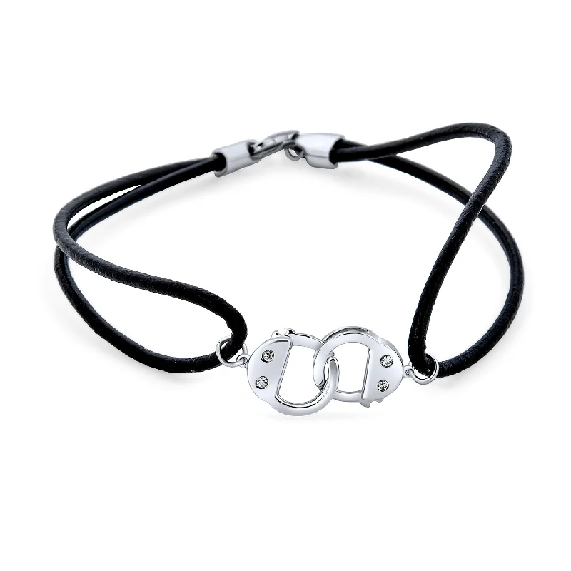 Adjustable Silver Bracelets-Minimalist Wrap Bracelet Black Leather Cord with Sterling Silver Handcuff Design