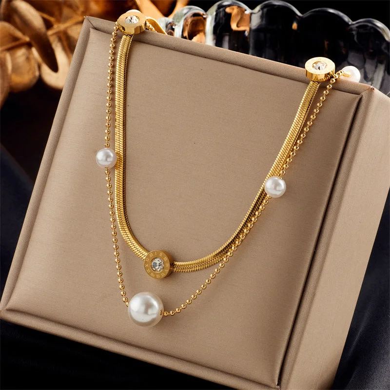 Topaz Necklaces-Pearl Titanium Steel Electroplating Necklaces