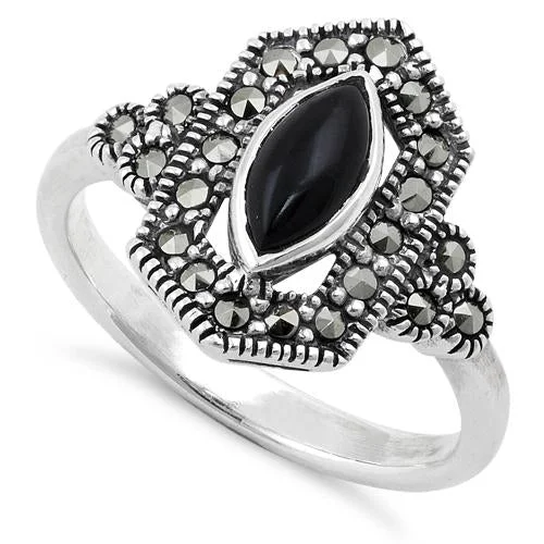 Birthstone Wedding Rings-Sterling Silver Black Onyx Diamond Shaped Marcasite Ring