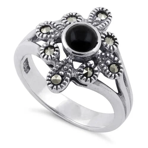 Custom Vintage Rings-Sterling Silver Black Onyx Flower Marcasite Ring