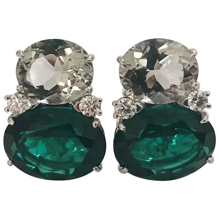 Large Stud Gemstone Earrings-Large GUM DROP™ Green Amethyst and Green Topaz and  Diamond Earrings