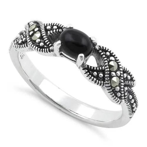 Women’s Rings-Sterling Silver Oval Black Onyx Marcasite Ring