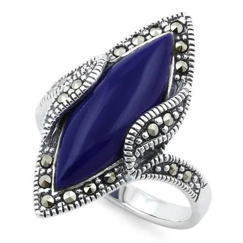 Double Band Rings-Sterling Silver Blue Lapis Marquise Marcasite Ring