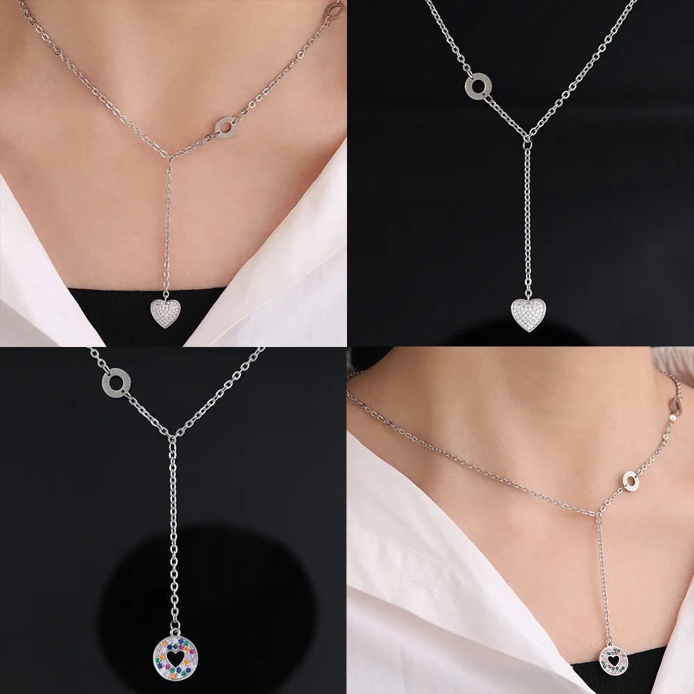 Creative Necklaces-304 Stainless Steel Copper White Gold Plated Elegant Streetwear Plating Inlay Round Letter Heart Shape Zircon Pendant Necklace