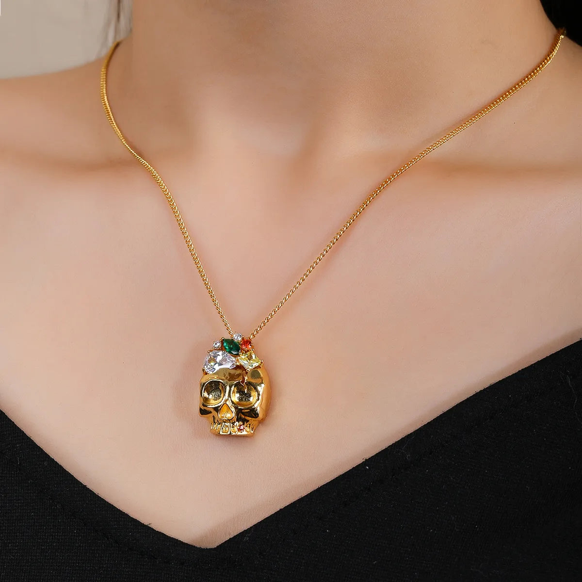 Fashion Necklaces-Wholesale Casual Glam Luxurious Skull Copper Shiny Metallic Hollow Out 18K Gold Plated Zircon Pendant Necklace