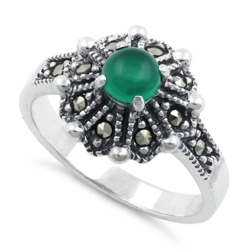 Classic Rings-Sterling Silver Round Green Agate Flower Marcasite Ring