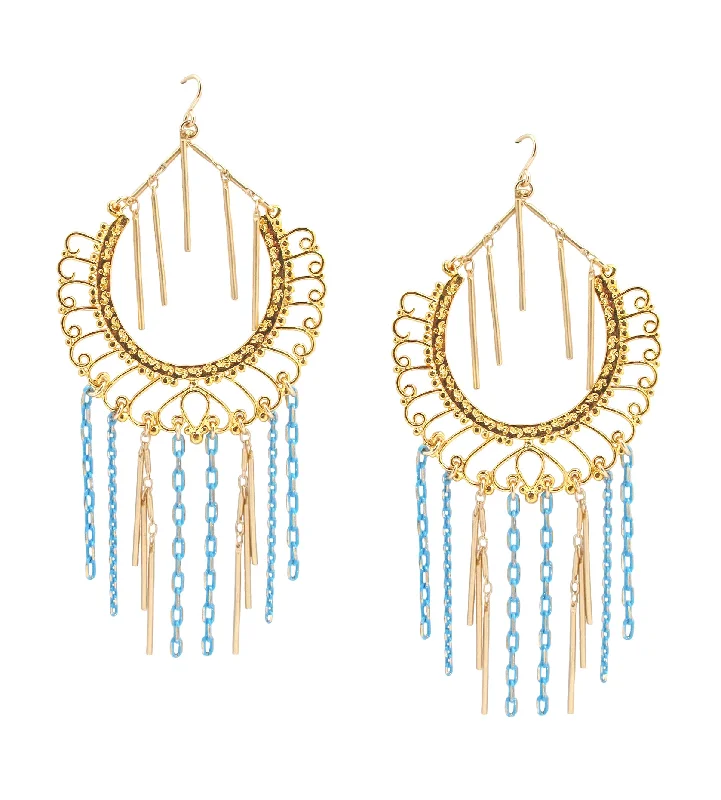 Extra Large Earrings-Gold and Turquoise Fringe Chandelier Earrings