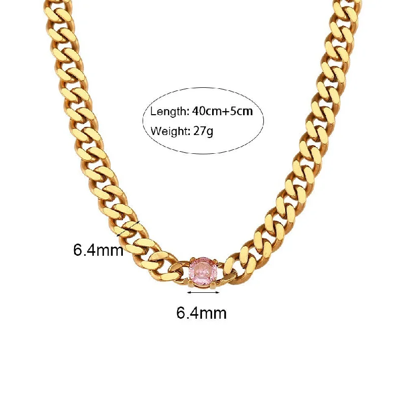 Golden Cuban Chain Round Zircon Necklace - Pink Diamond