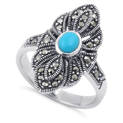 Black Gold Rings-Sterling Silver Simulated Turquoise Eye Marcasite Ring