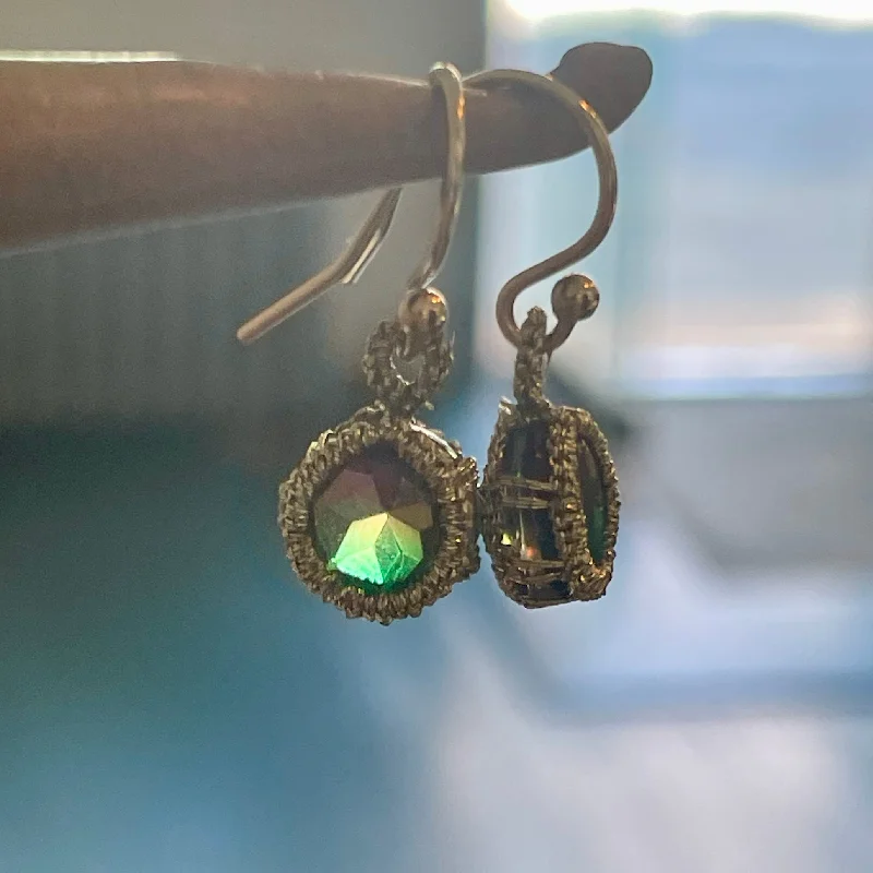 Leather Earrings-Caged Rainbow Tourmaline Earrings