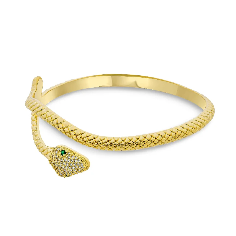 Custom Women’s Gold Bracelets-Black White Simulated SapphireEmerald Serpent Snake Cuff Bangle Bracelet 18K Gold