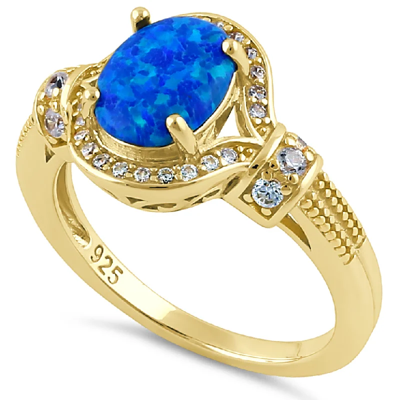 Gold Wedding Bands-Sterling Silver Gold Plated Elegant Oval Blue Lab Opal CZ Ring