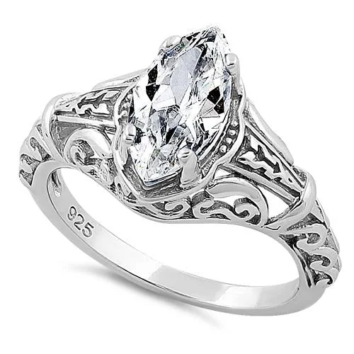 Custom Ring Sets-Sterling Silver Regal Marquise Cut Engagement CZ Ring