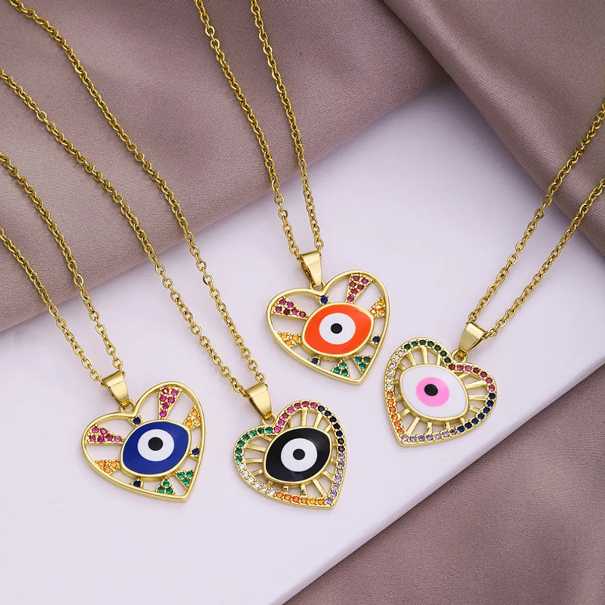 Trendy Fashion Necklaces-Fashion Evil Eye Copper Inlaid Zircon  Drop Oil Heart-shaped Pendant Stainless Steel Necklace