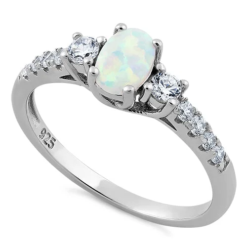 Oval Cut Rings-Sterling Silver Oval White Lab Opal CZ Ring