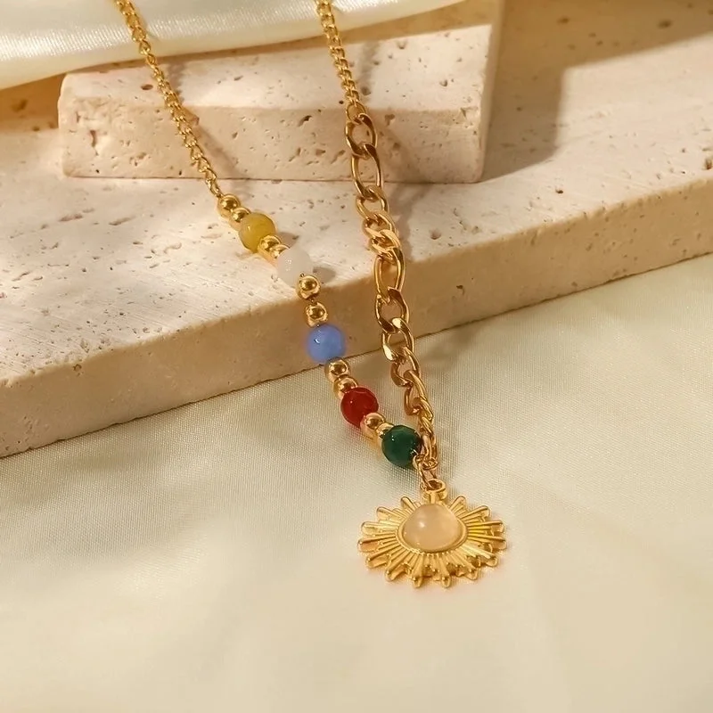 Cat Necklaces-Fashion Sun Stainless Steel Pendant Necklace Gold Plated Inlay Opal Stainless Steel Necklaces