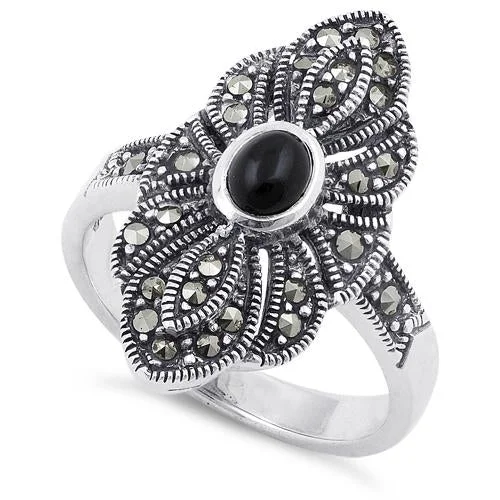 Unique Wedding Rings-Sterling Silver Black Onyx Eye Marcasite Ring