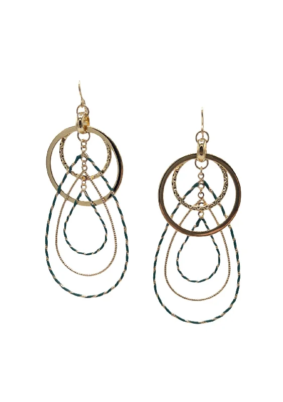 Party Earrings-Multi-Link Teal Accent Gold Drop Earrings