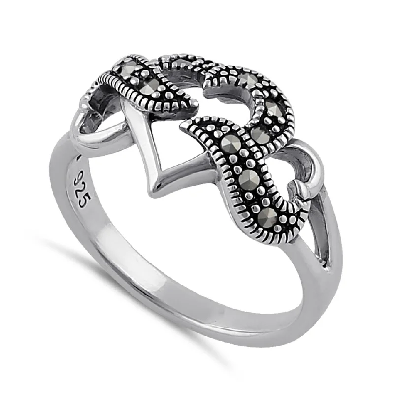 Women’s Rings-Sterling Silver Triple Heart Marcasite Ring