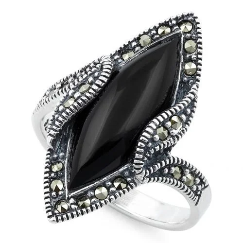 Vintage Rings-Sterling Silver Black Onyx Marquise Marcasite Ring