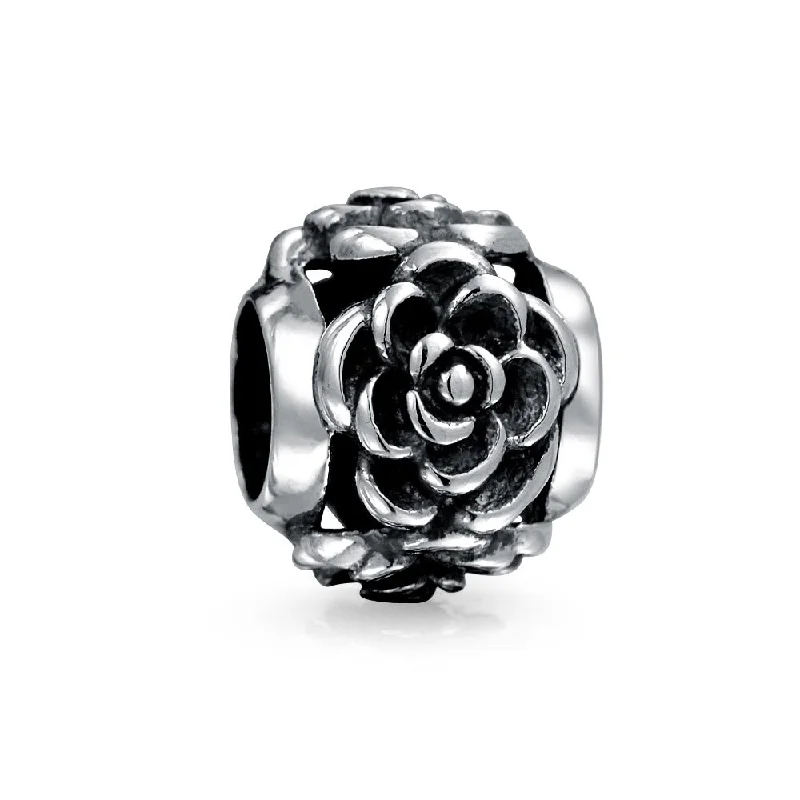 Colorful Beaded Bracelets-Flower Garden Black Rose Charm Bead in Oxidized Sterling Silver for Bracelets