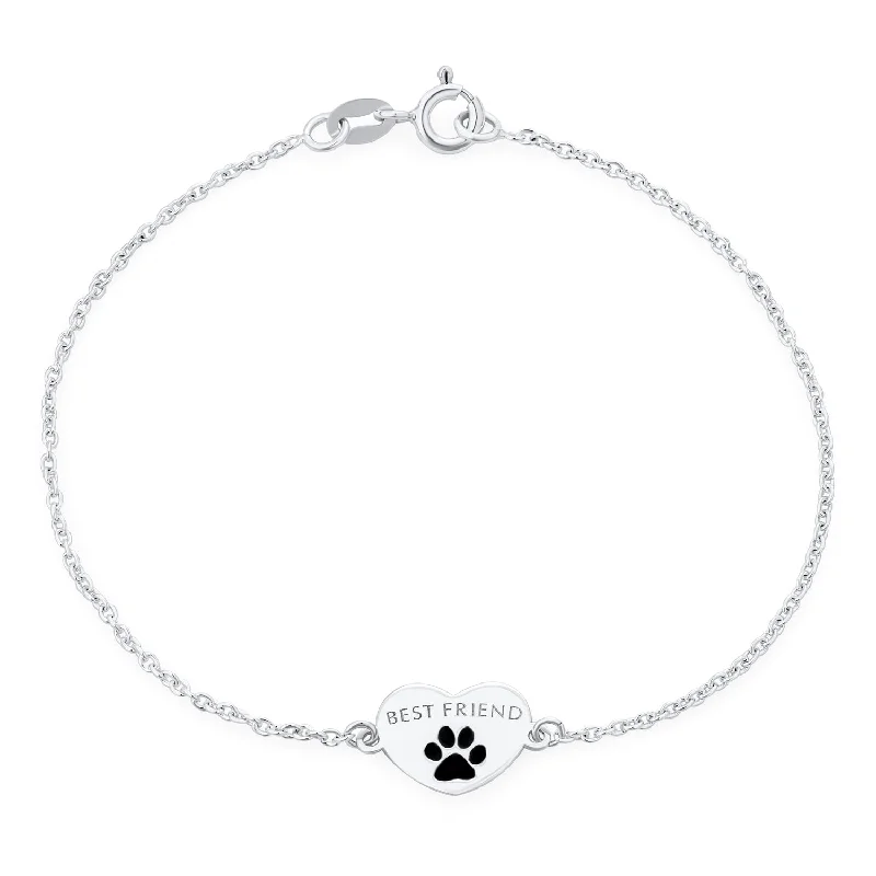 Custom Tennis Bracelets-Dainty Charm Bracelet for Pet Lovers with Heart and Paw Print Sterling Silver