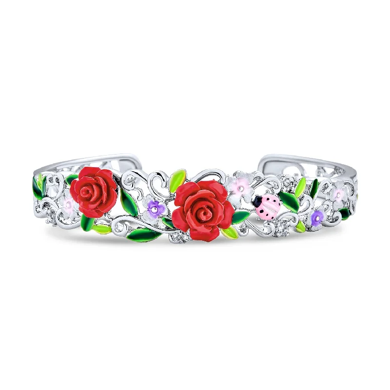 Simple Charm Bracelets-Ladybug Floral Bouquet Red Rose Cuff Bracelet in Silver Filigree Design