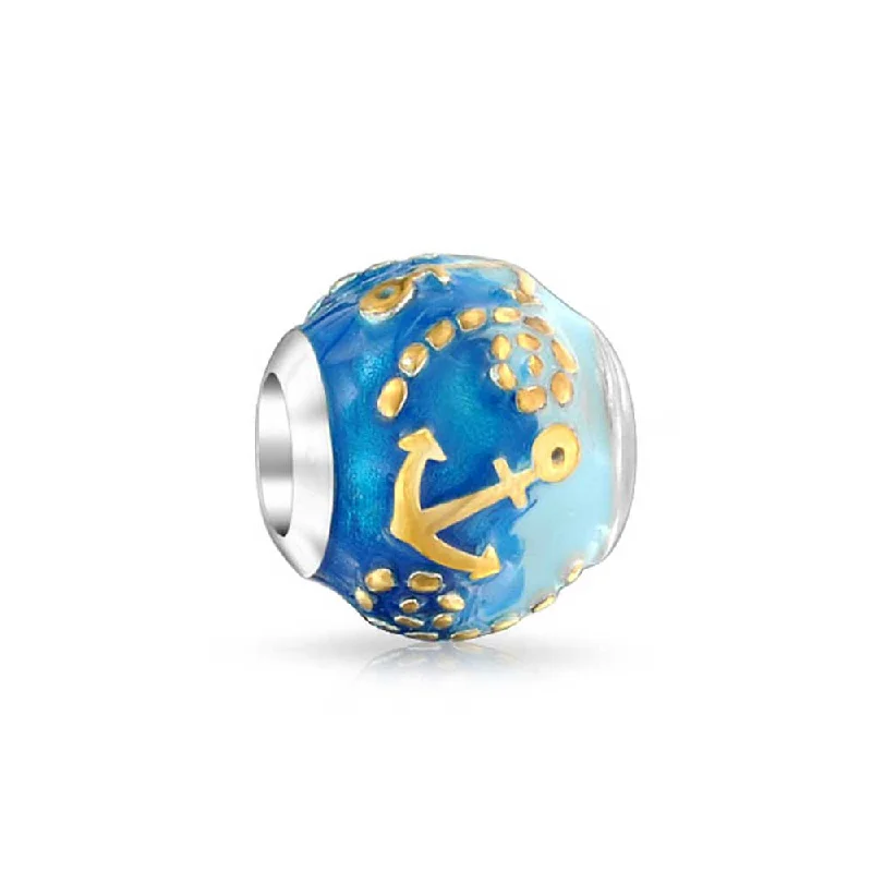 Wedding Bracelets-Tropical Ocean Blue Waves Anchor Charm Bead Gold Plated Silver for Bracelet