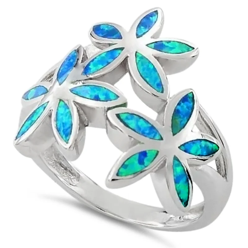 Elegant Diamond Rings-Sterling Silver Triple Plumeria Lab Opal Ring