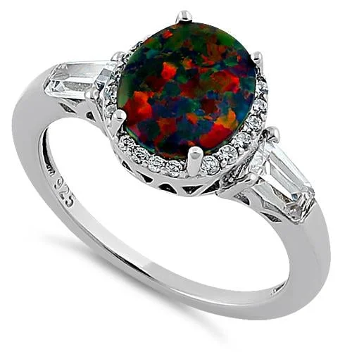 Personalized Promise Rings-Sterling Silver Dazzling Oval Black Lab Opal CZ Ring