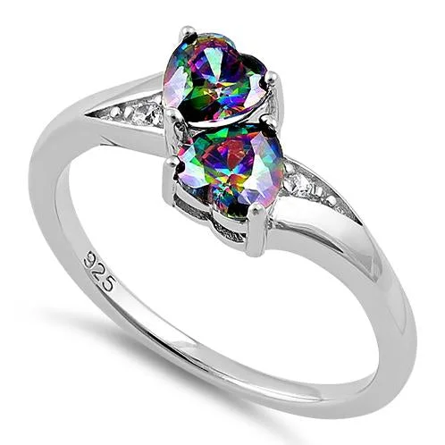 Men’s Fashion Rings-Sterling Silver Double Heart Rainbow Topaz CZ Ring