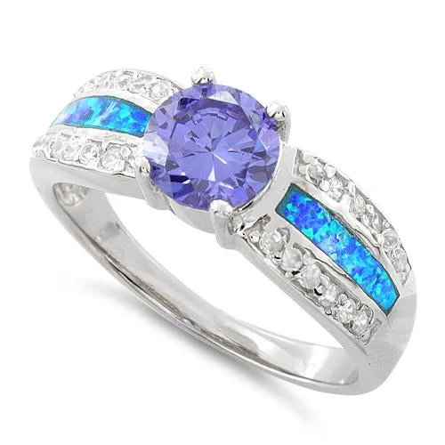 Birthstone Rings-Sterling Silver Lab Opal Round Tanzanite CZ Ring