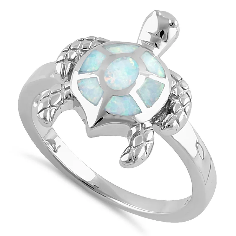 Minimalist Rings-Sterling Silver Turtle White Lab Opal Ring