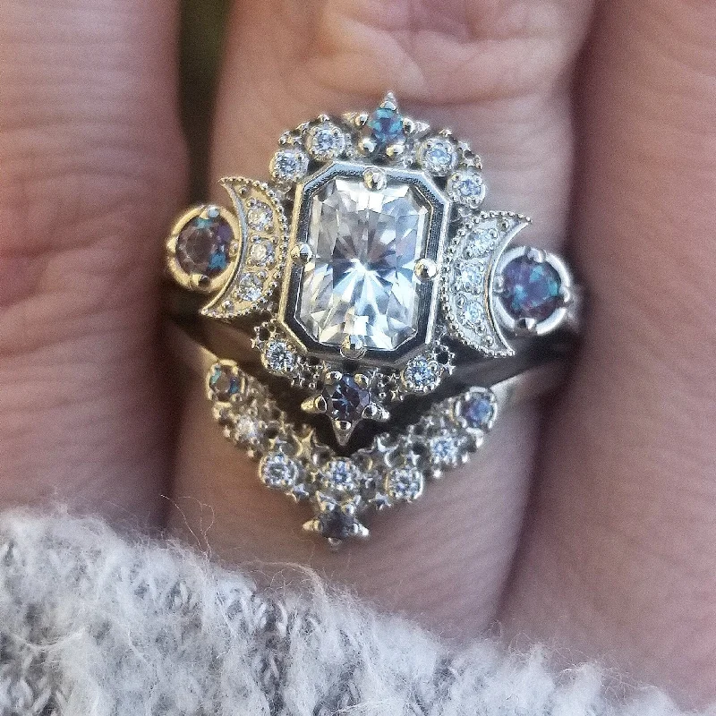 Elegant Diamond Rings-Emerald Cut Selene Moon Goddess Engagement Ring Set - Moissanite , Diamond and Chatham Alexandrite - 14k Palladium White Gold