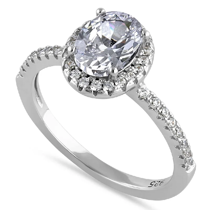 Stackable Rings-Sterling Silver Chic Oval Halo Round Cut Clear CZ Engagement Ring