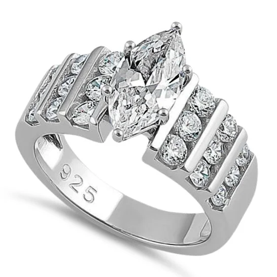 Diamond Rings-Sterling Silver Marquise Cut Clear CZ Ring