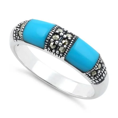 Simple Rings-Sterling Silver Double Simulated Turquoise  Onyx Marcasite Ring