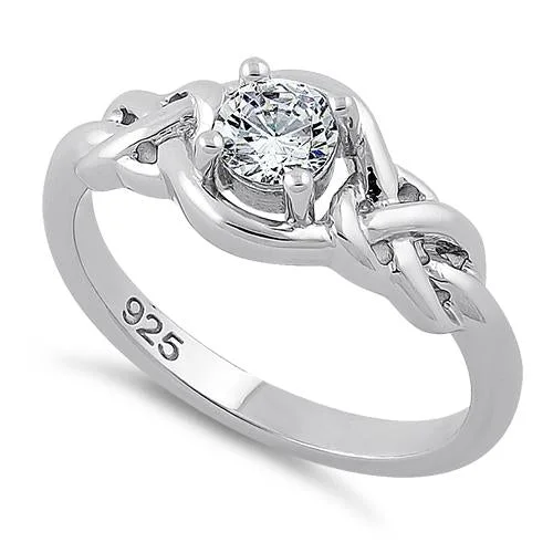 Contemporary Rings-Sterling Silver Knot Frame Round Cut Clear CZ Ring