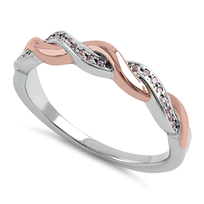 Black Diamond Rings-Sterling Silver and Rose Gold Plated Braided CZ Ring