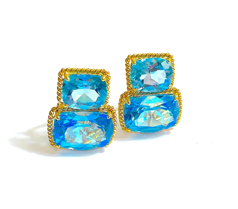 Silver Enamel Earrings-Yellow Gold Green Blue Topaz Cushion Earrings with Twisted Rope Border