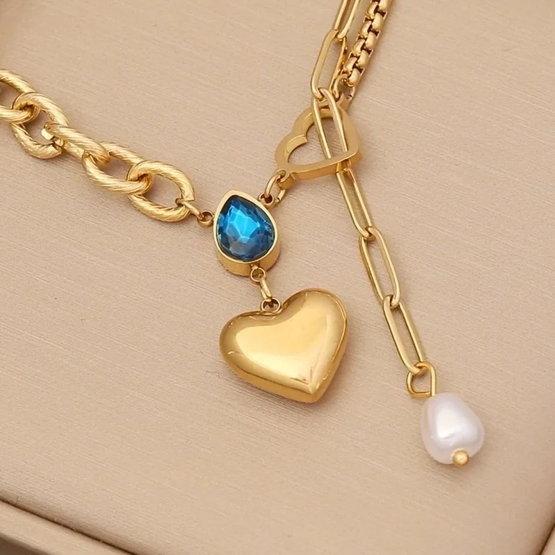 Antique Necklaces-Wholesale 1 Piece Vintage Style Water Droplets Heart Shape Stainless Steel 18k Gold Plated Gem Pendant Necklace