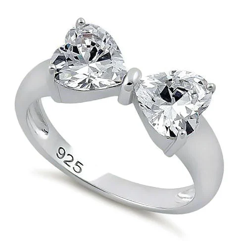 Luxury Diamond Rings-Sterling Silver Hearts Bow CZ Ring