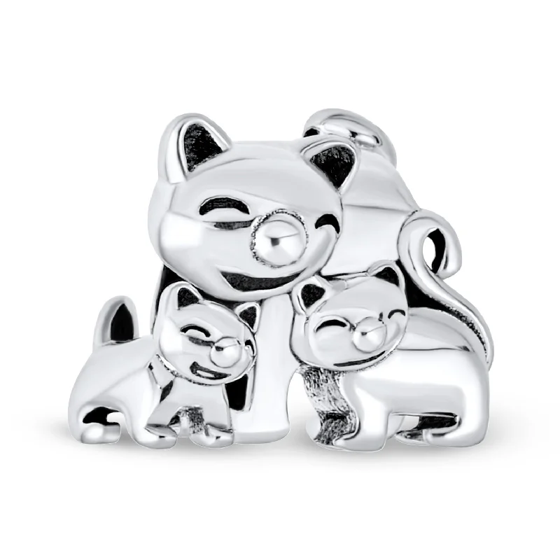 Personalized Couples Bracelets-Mommy Cat & Kittens Charm Bead Sterling Silver for European Bracelet