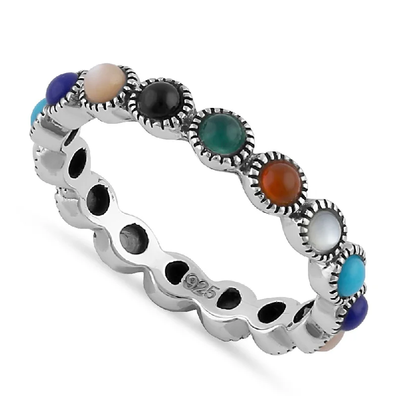 Gemstone Rings for Men-Sterling Silver Round Multi-Color Eternity Marcasite Ring