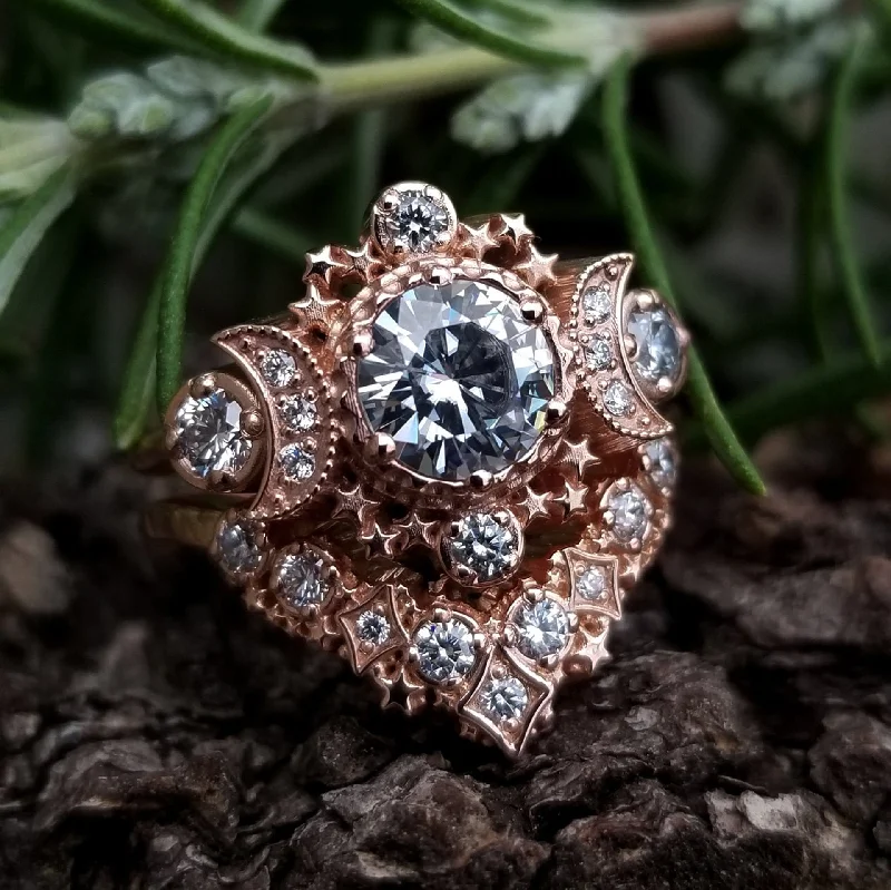 Custom Family Birthstone Rings-Diamond Cosmos Boho Engagement Ring Set - Diamond, Champagne Diamond, Black Diamond, Salt & Pepper Diamond or Moissanite Center Stone